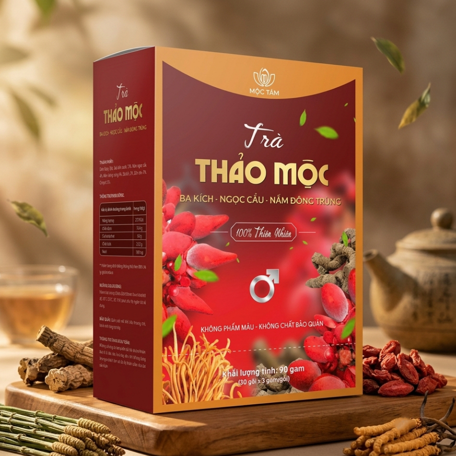 Trà Ba Kích Ngọc Cẩu Đông Trùng Mộc Tâm - trà thảo mộc thanh ngọt, thơm dịu, túi lọc tiện lợi - hộp 30 gói